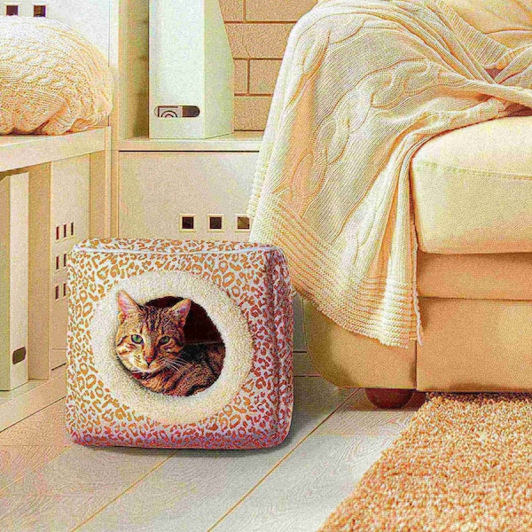 Pet Adobe Indoor Cat Pet Bed Cave with Removable Cushion Pad for Cats/Small Animals, Tan/White Animal Print 728420YHZ - main